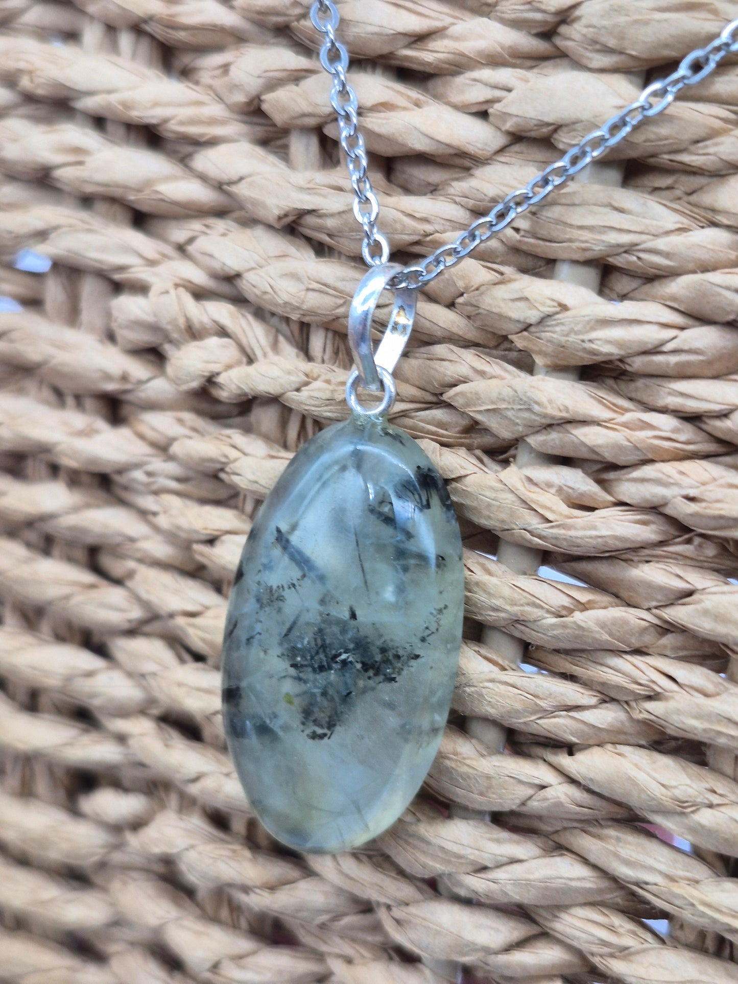 Prehnite Pendant Necklace with Green Tourmaline, Silver Hoop with Steel Chain