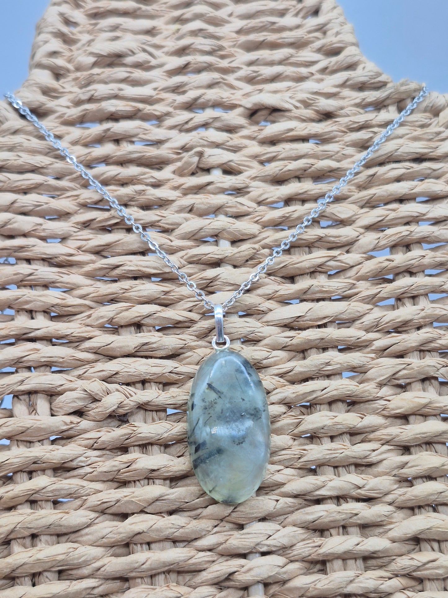Prehnite Pendant Necklace with Green Tourmaline, Silver Hoop with Steel Chain