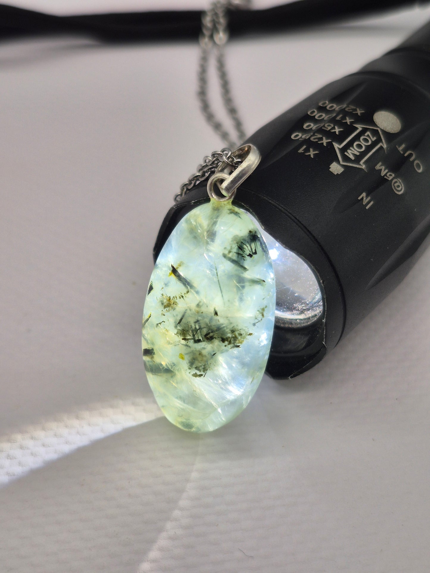 Prehnite Pendant Necklace with Green Tourmaline, Silver Hoop with Steel Chain