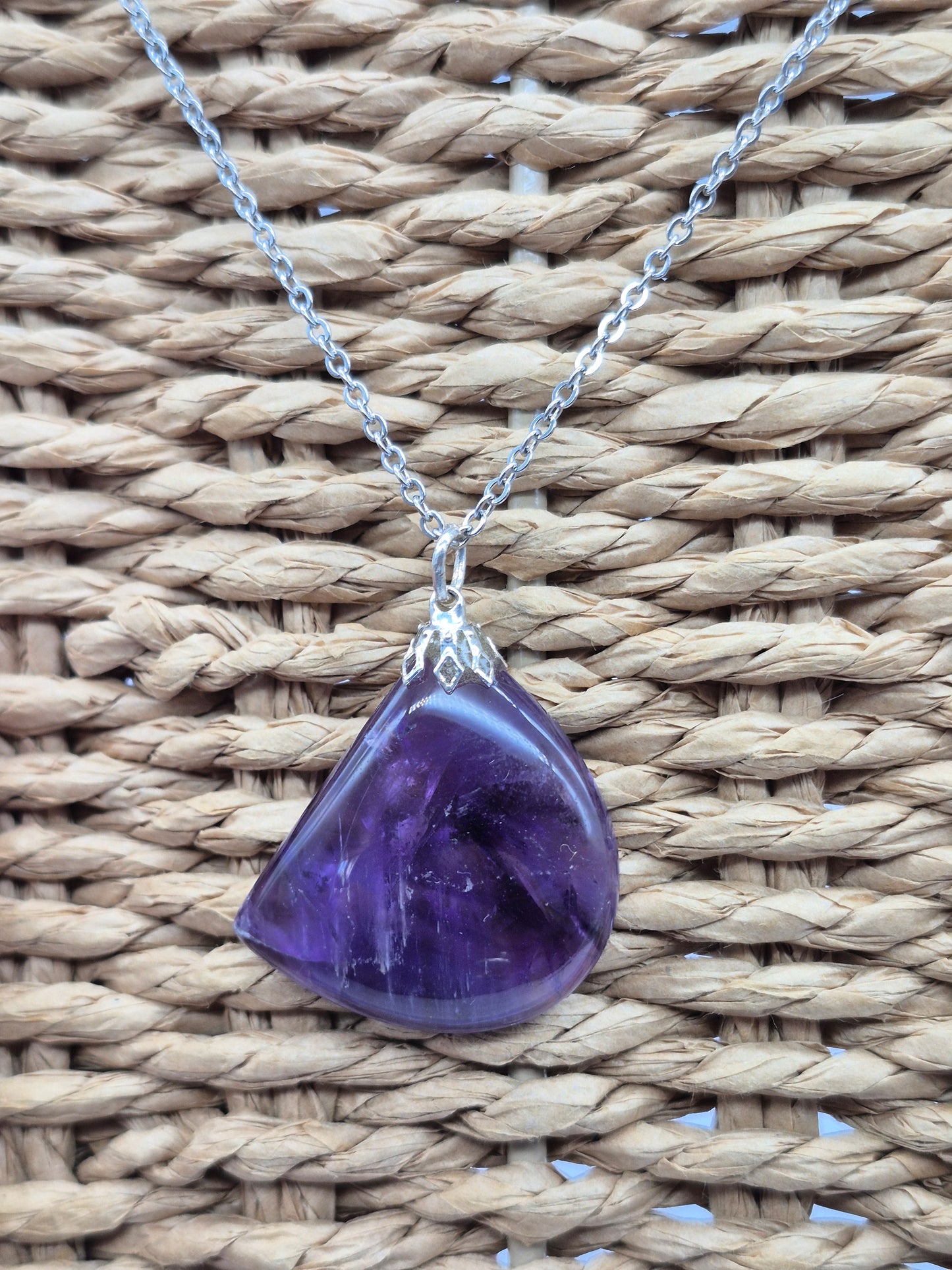 Amethyst Pendant Silver Hoop, Stailnless steel Chain, Healing Crystal