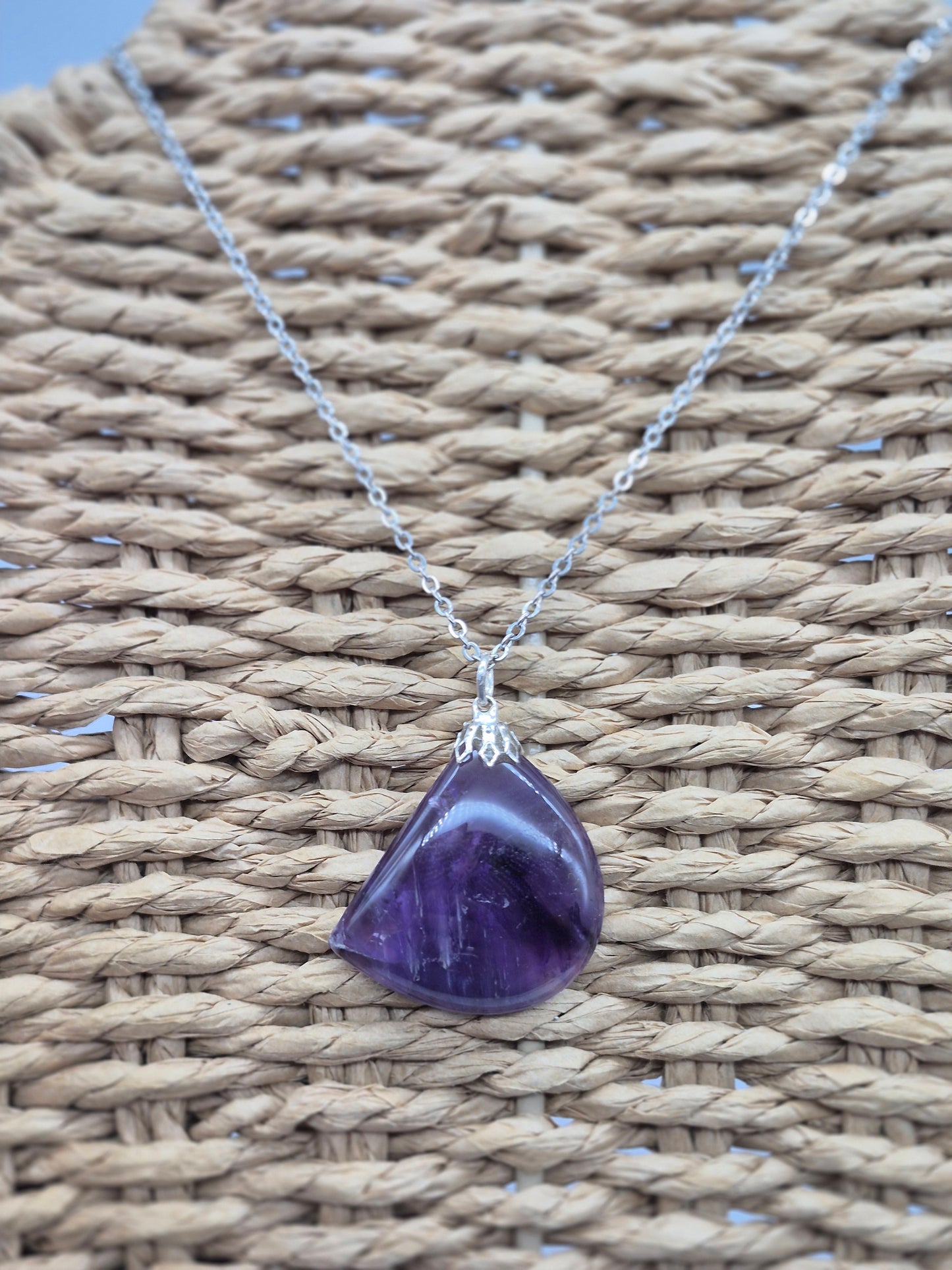 Amethyst Pendant Silver Hoop, Stailnless steel Chain, Healing Crystal