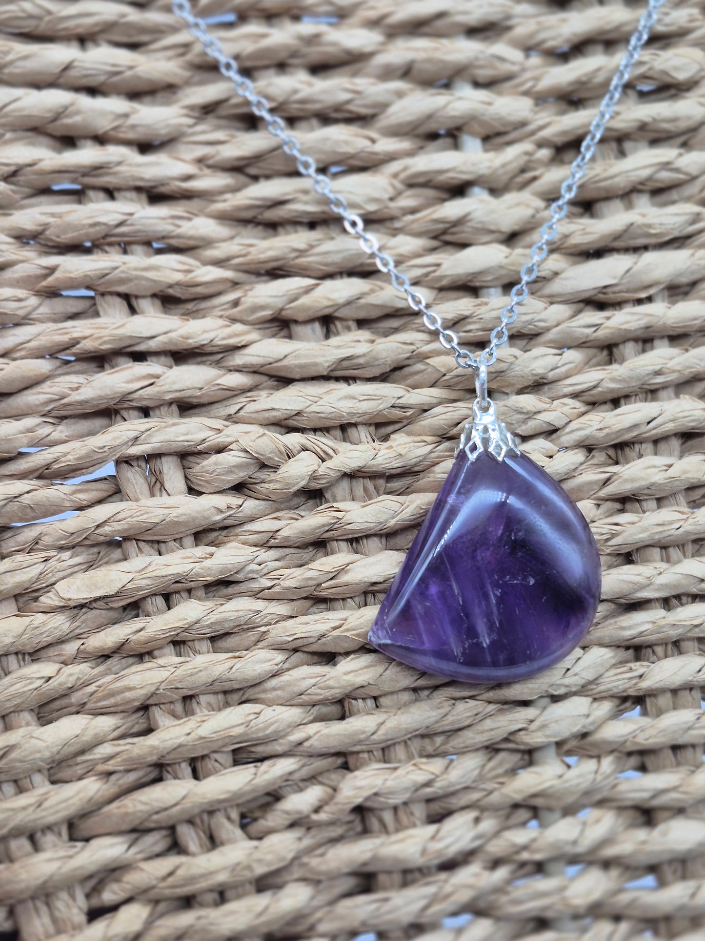 Amethyst Pendant Silver Hoop, Stailnless steel Chain, Healing Crystal