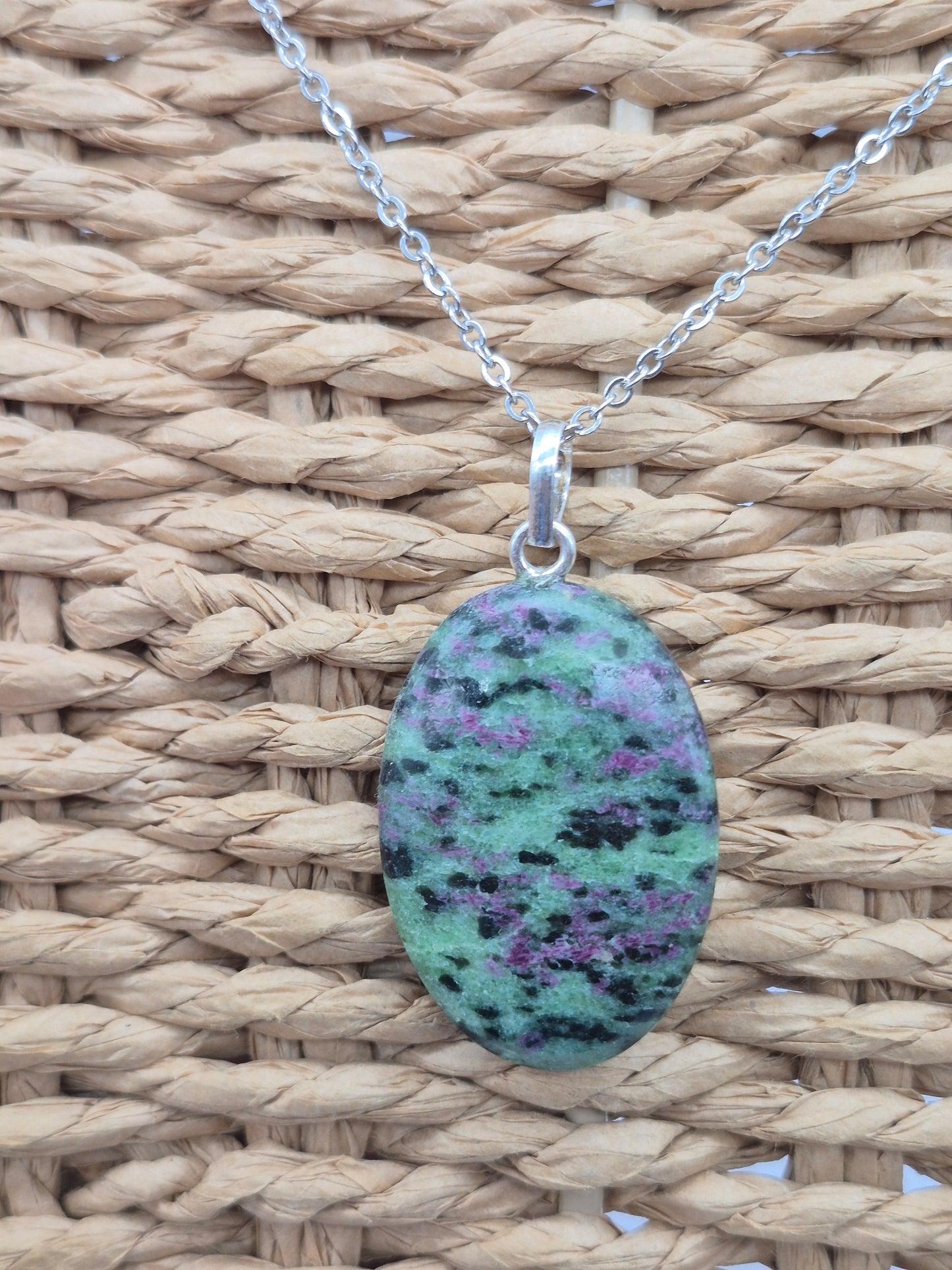 Ruby Zoisite Pendant Oval Shaped Silver Hoop, Stailnless steel Chain, Healing Crystal
