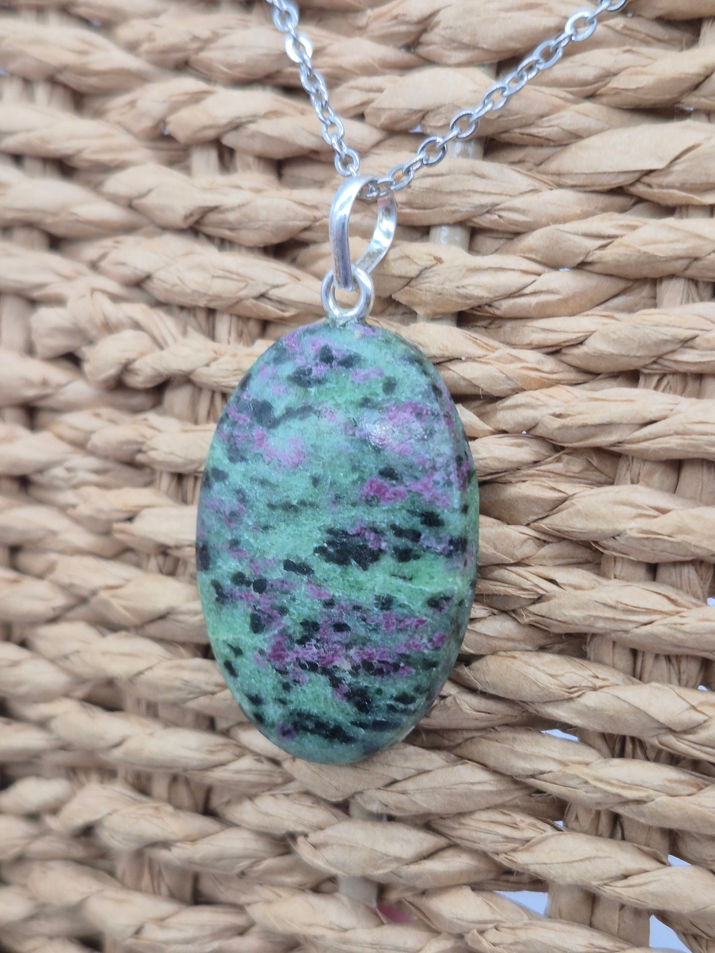 Ruby Zoisite Pendant Oval Shaped Silver Hoop, Stailnless steel Chain, Healing Crystal