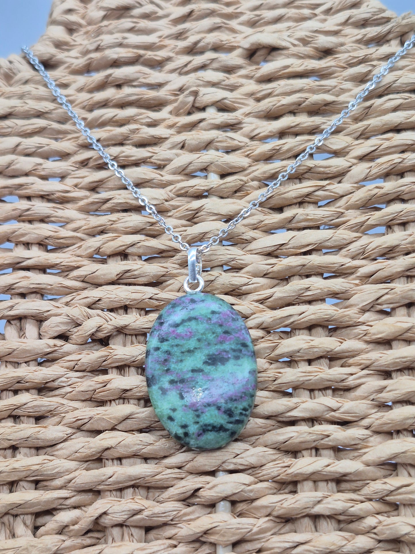 Ruby Zoisite Pendant Oval Shaped Silver Hoop, Stailnless steel Chain, Healing Crystal