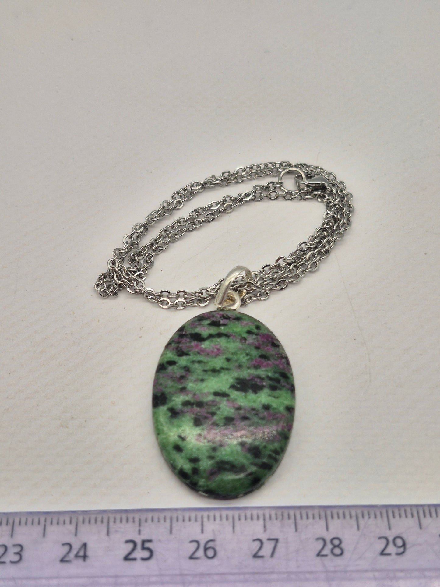 Ruby Zoisite Pendant Oval Shaped Silver Hoop, Stailnless steel Chain, Healing Crystal