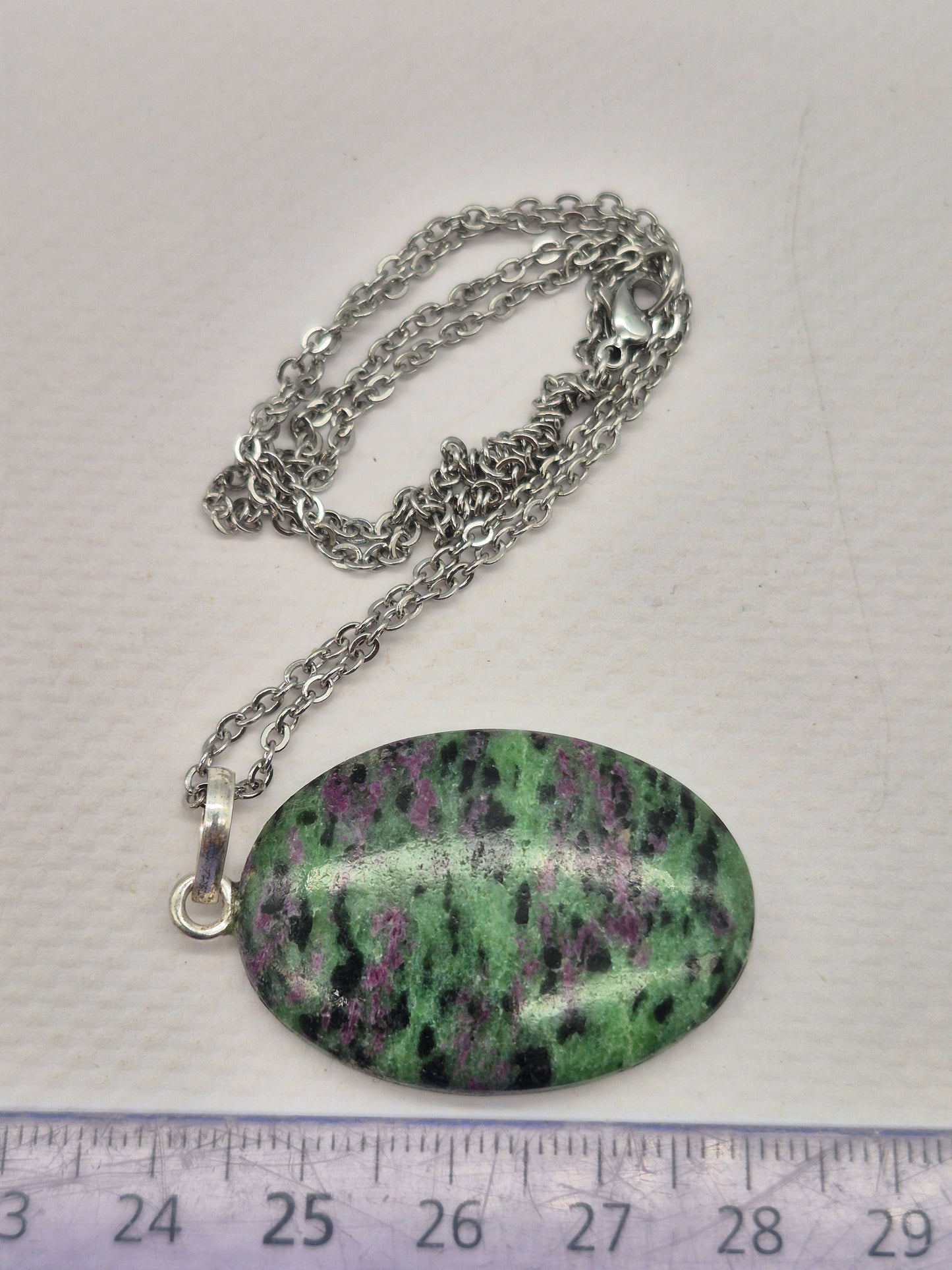 Ruby Zoisite Pendant Oval Shaped Silver Hoop, Stailnless steel Chain, Healing Crystal