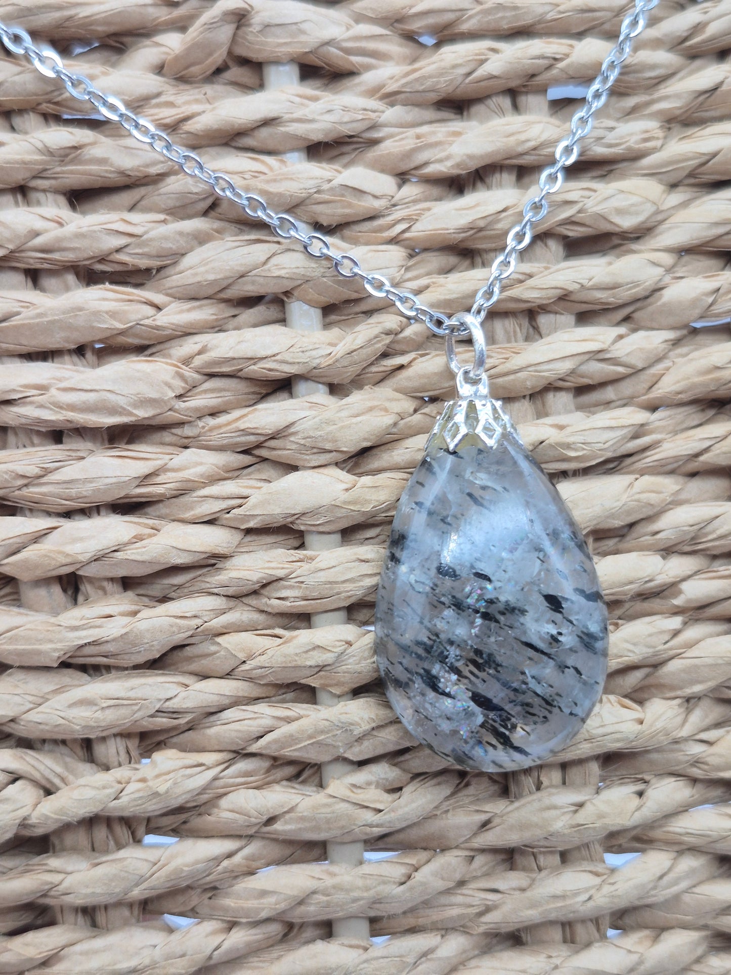 Quartz with Black Tourmaline Necklace  Protection & Cleansing Crystal Silver Hoop, Stailnless steel Chain