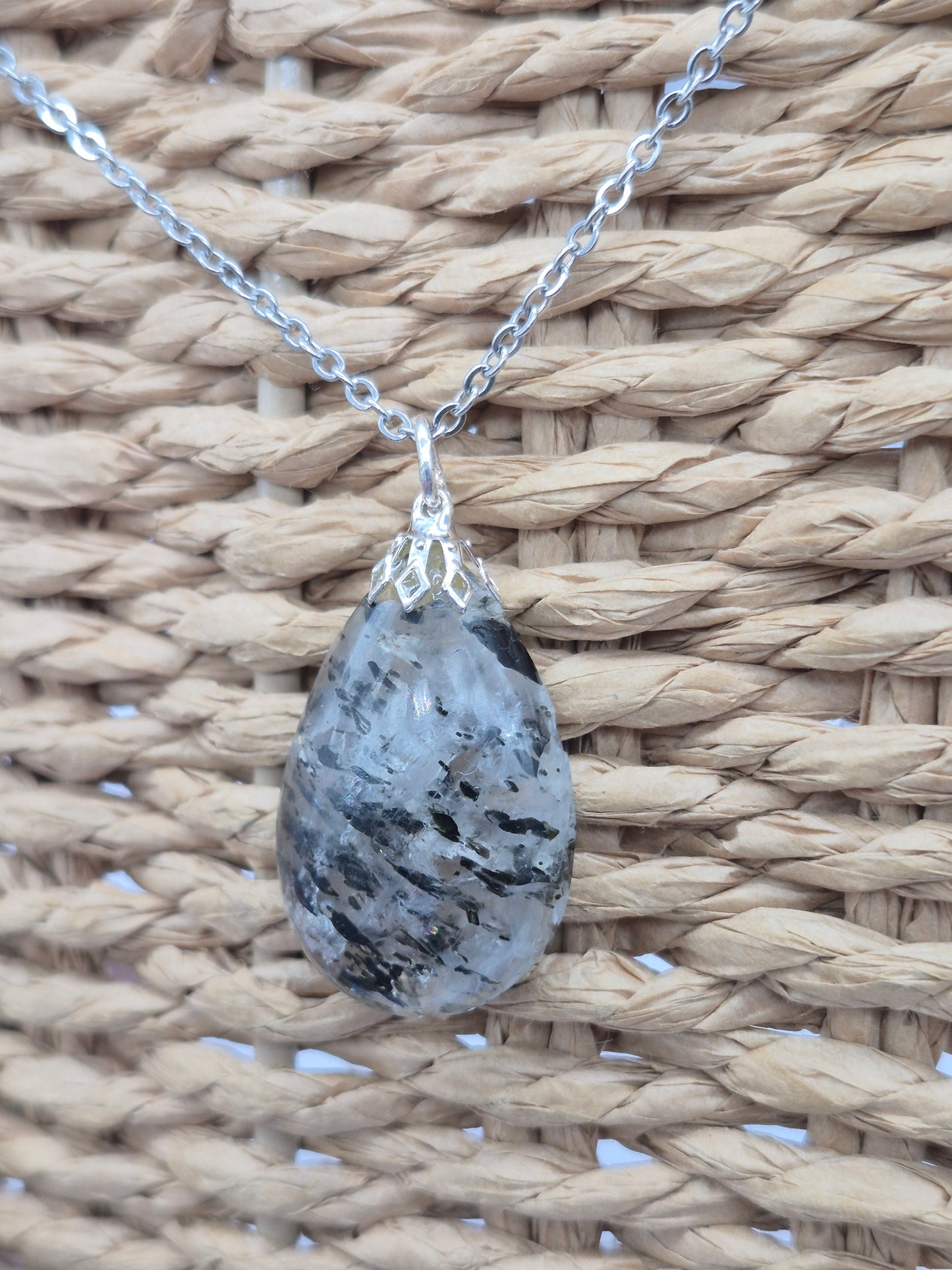 Quartz with Black Tourmaline Necklace  Protection & Cleansing Crystal Silver Hoop, Stailnless steel Chain