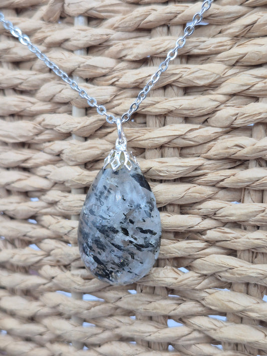 Quartz with Black Tourmaline Necklace  Protection & Cleansing Crystal Silver Hoop, Stailnless steel Chain