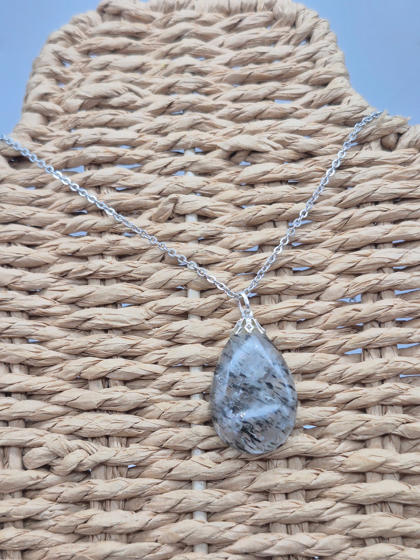 Quartz with Black Tourmaline Necklace  Protection & Cleansing Crystal Silver Hoop, Stailnless steel Chain