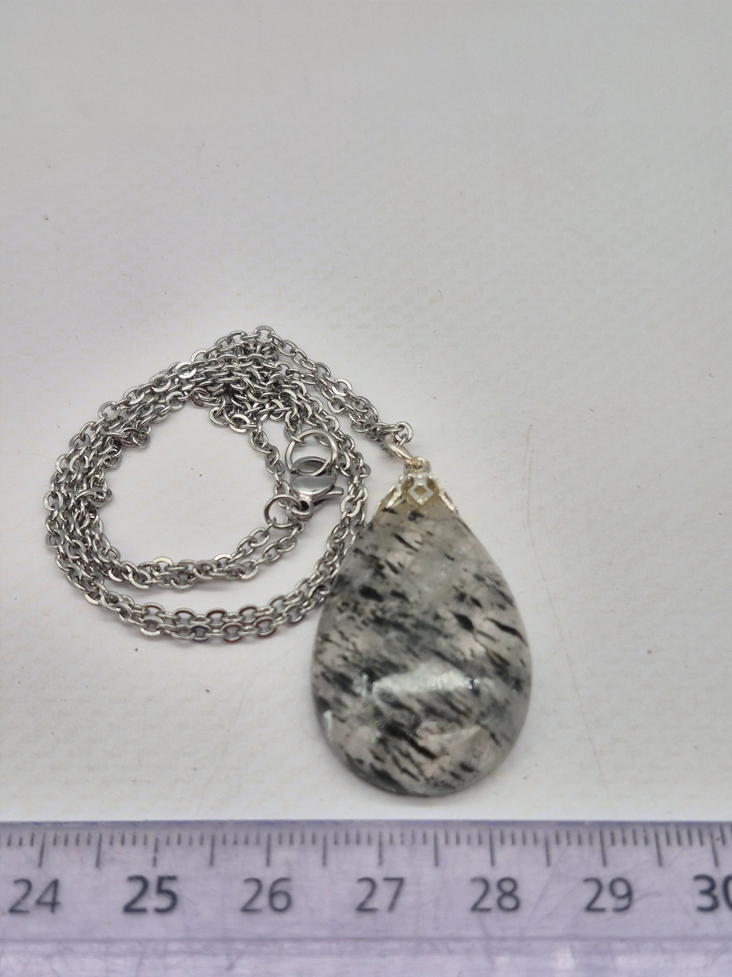 Quartz with Black Tourmaline Necklace  Protection & Cleansing Crystal Silver Hoop, Stailnless steel Chain