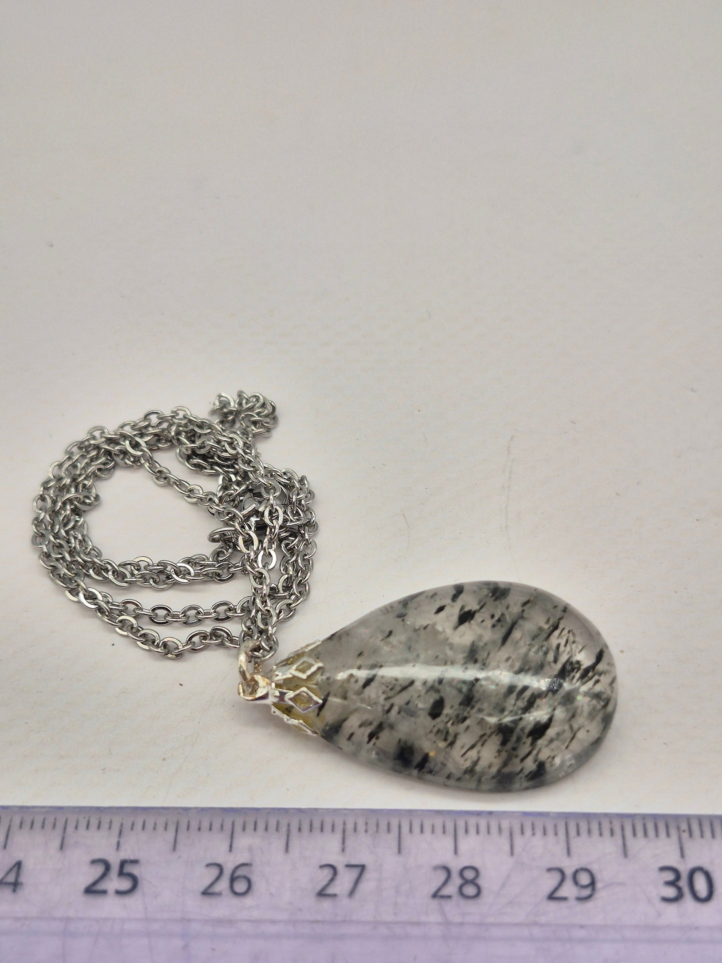 Quartz with Black Tourmaline Necklace  Protection & Cleansing Crystal Silver Hoop, Stailnless steel Chain