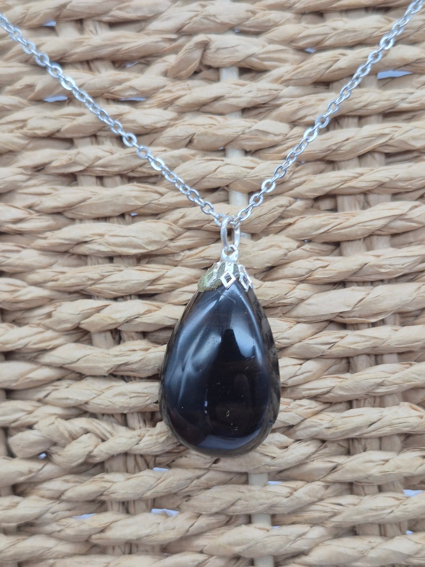 Smoked Quartz Teardrop Shaped Silver Hoop, Stailnless steel Chain, Healing Crystal