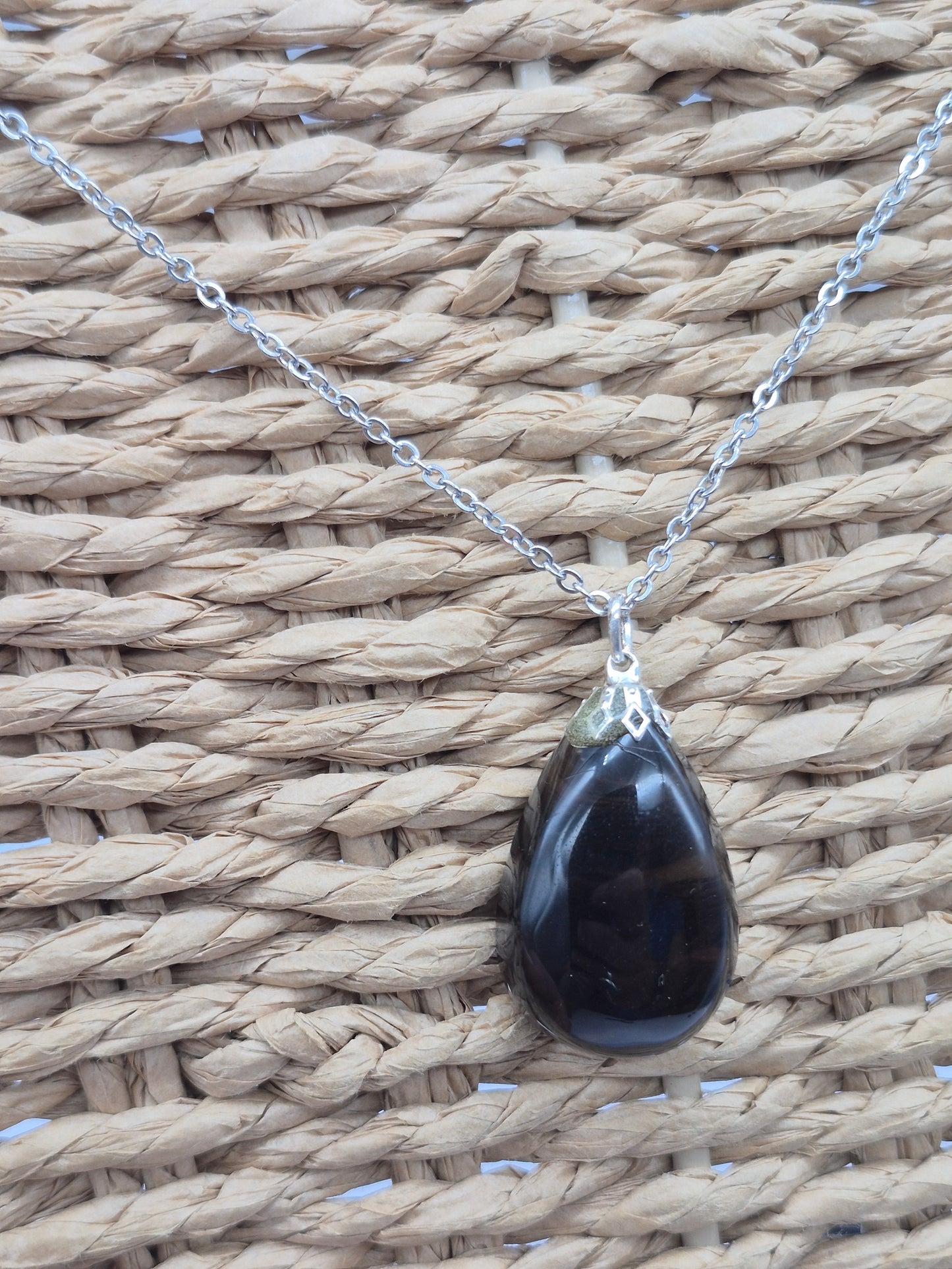 Smoked Quartz Teardrop Shaped Silver Hoop, Stailnless steel Chain, Healing Crystal