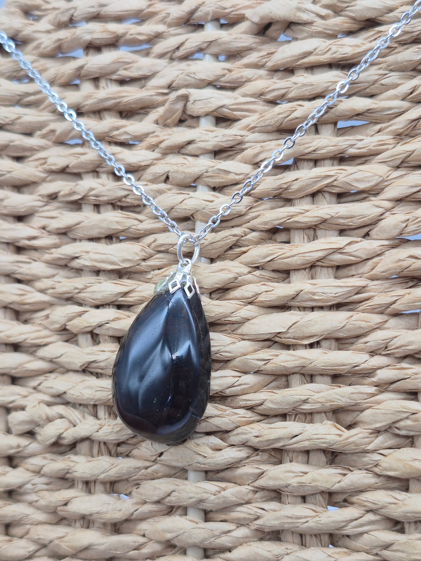 Smoked Quartz Teardrop Shaped Silver Hoop, Stailnless steel Chain, Healing Crystal