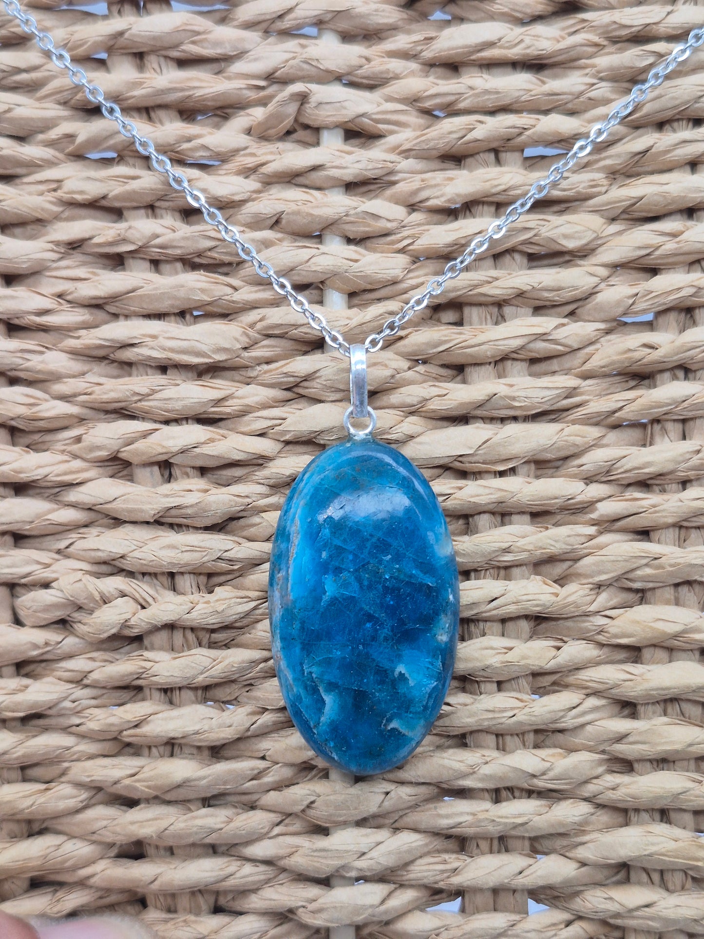 Blue Apatite Crystal Necklace Oval Shaped Silver Hoop, Stailnless steel Chain, Healing Crystal