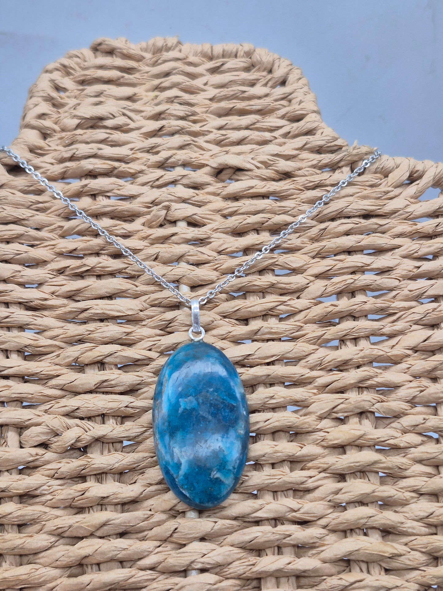 Blue Apatite Crystal Necklace Oval Shaped Silver Hoop, Stailnless steel Chain, Healing Crystal