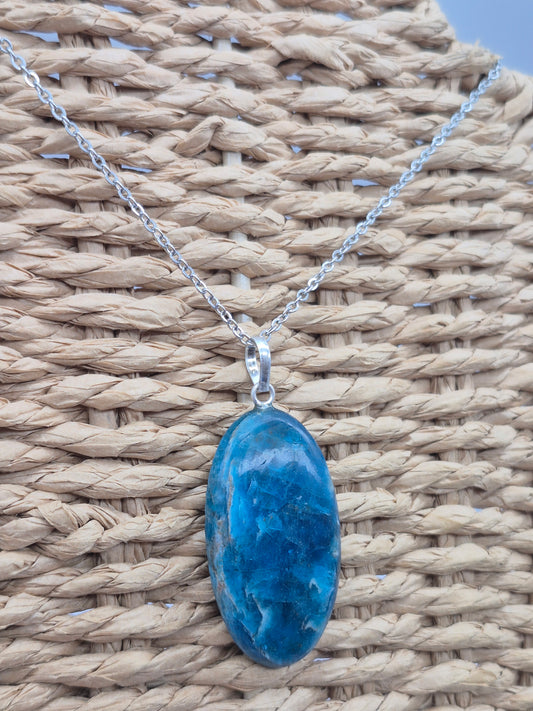 Blue Apatite Crystal Necklace Oval Shaped Silver Hoop, Stailnless steel Chain, Healing Crystal