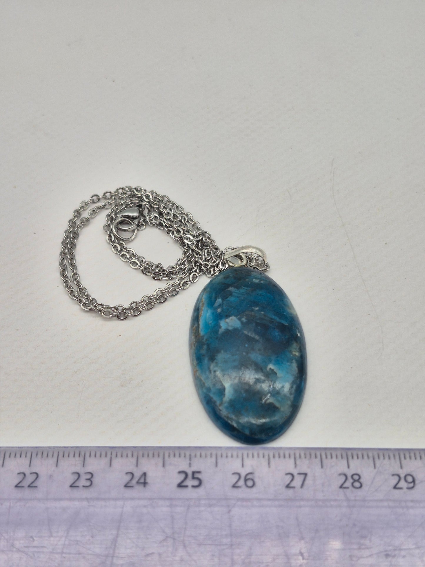 Blue Apatite Crystal Necklace Oval Shaped Silver Hoop, Stailnless steel Chain, Healing Crystal
