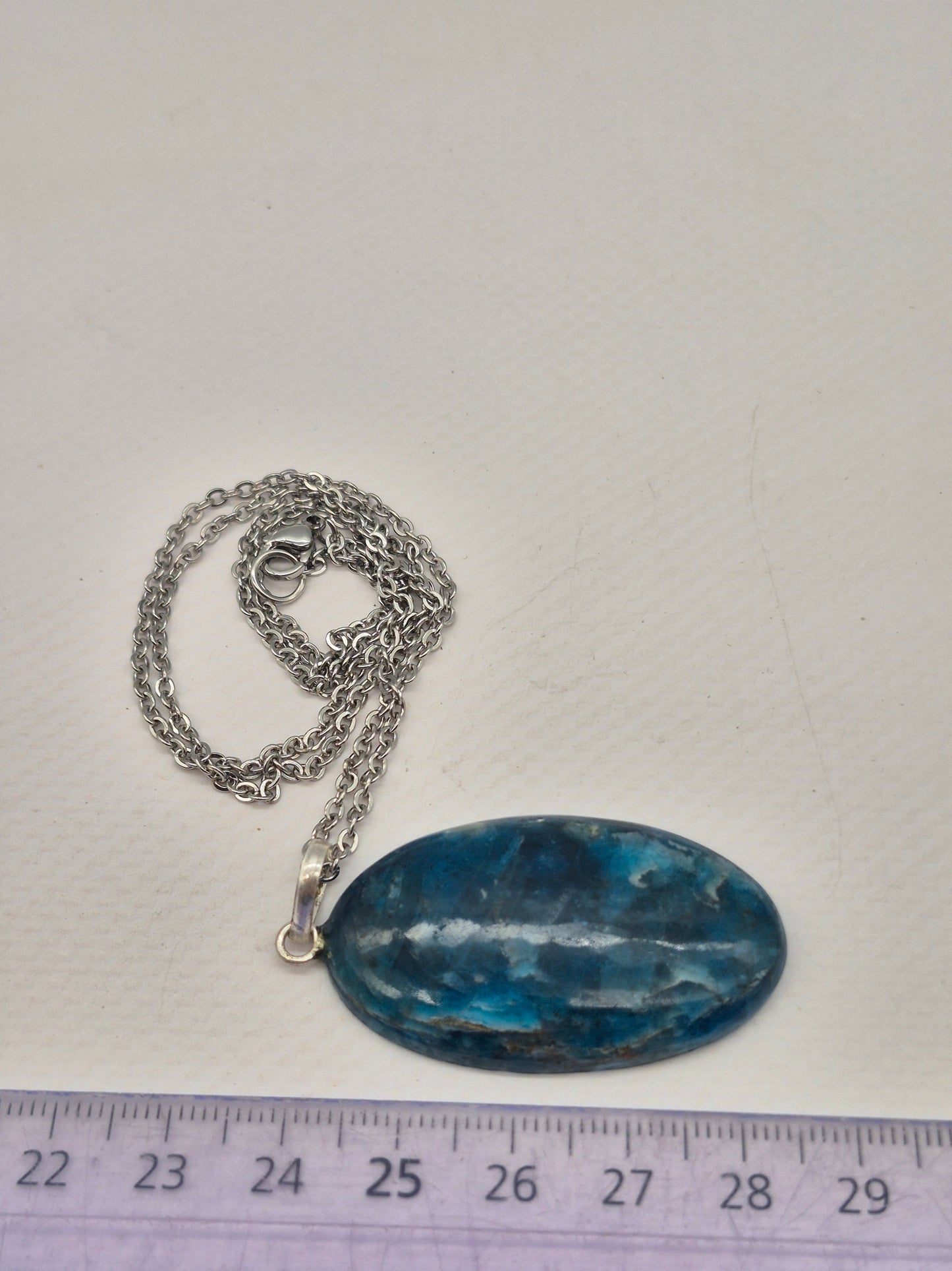 Blue Apatite Crystal Necklace Oval Shaped Silver Hoop, Stailnless steel Chain, Healing Crystal