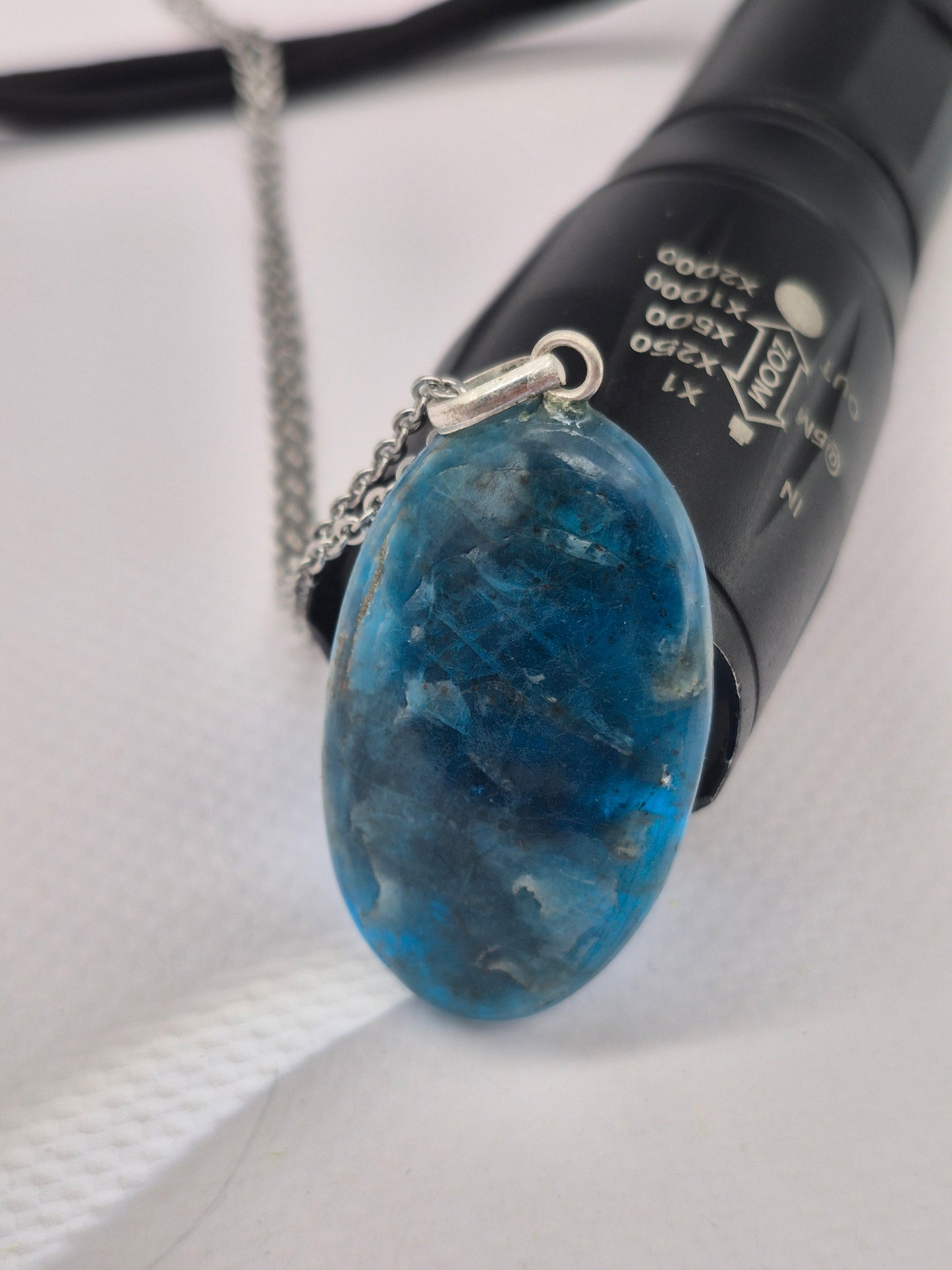 Blue Apatite Crystal Necklace Oval Shaped Silver Hoop, Stailnless steel Chain, Healing Crystal