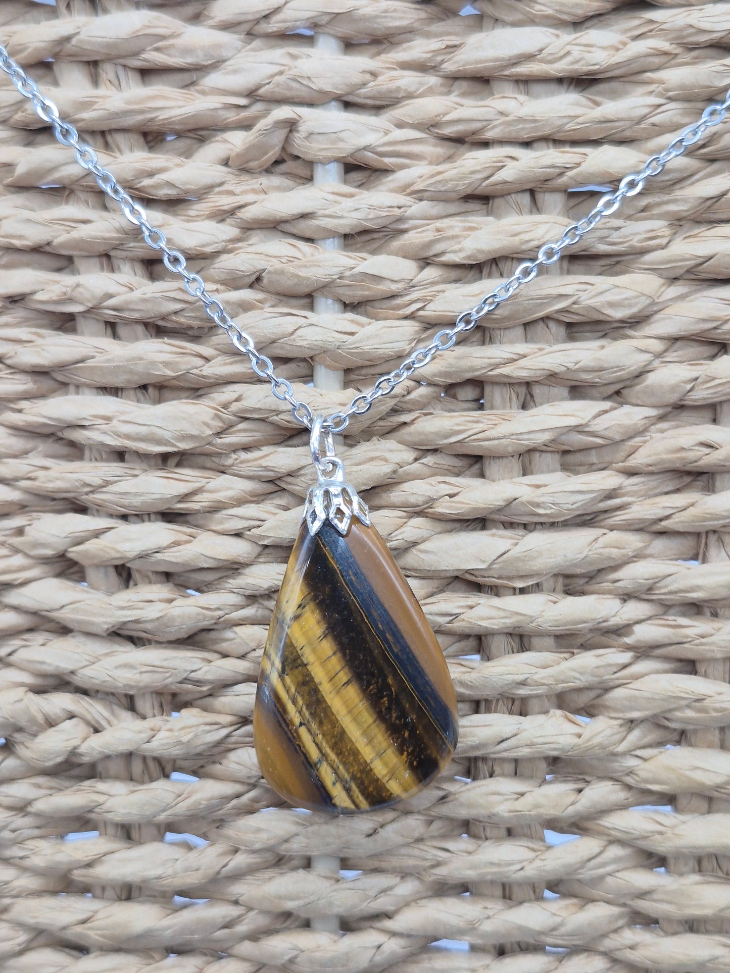 Handmade Yellow Tiger's Eye Teardrop Pendant: Stailnless steel Chain, Healing Crystal