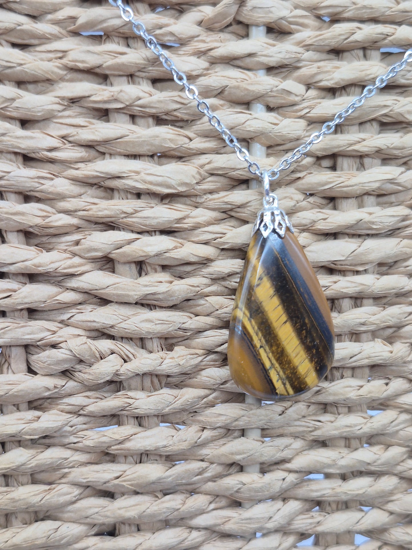 Handmade Yellow Tiger's Eye Teardrop Pendant: Stailnless steel Chain, Healing Crystal