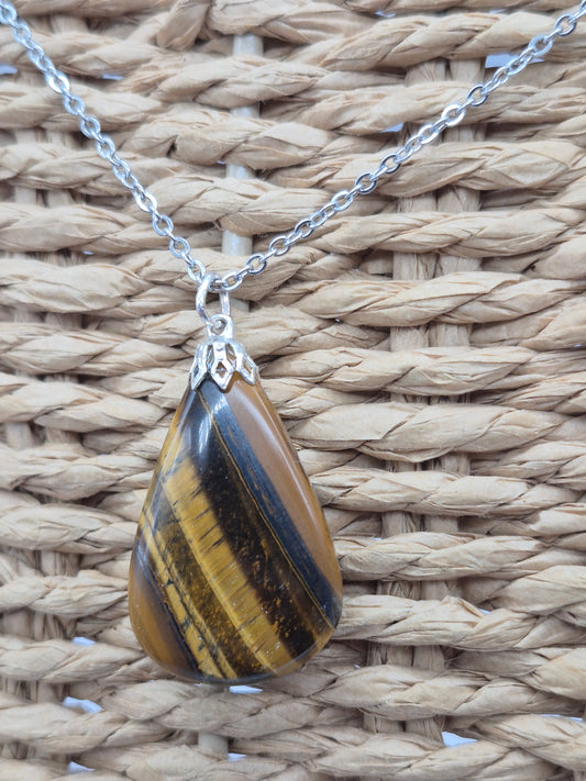 Handmade Yellow Tiger's Eye Teardrop Pendant: Stailnless steel Chain, Healing Crystal