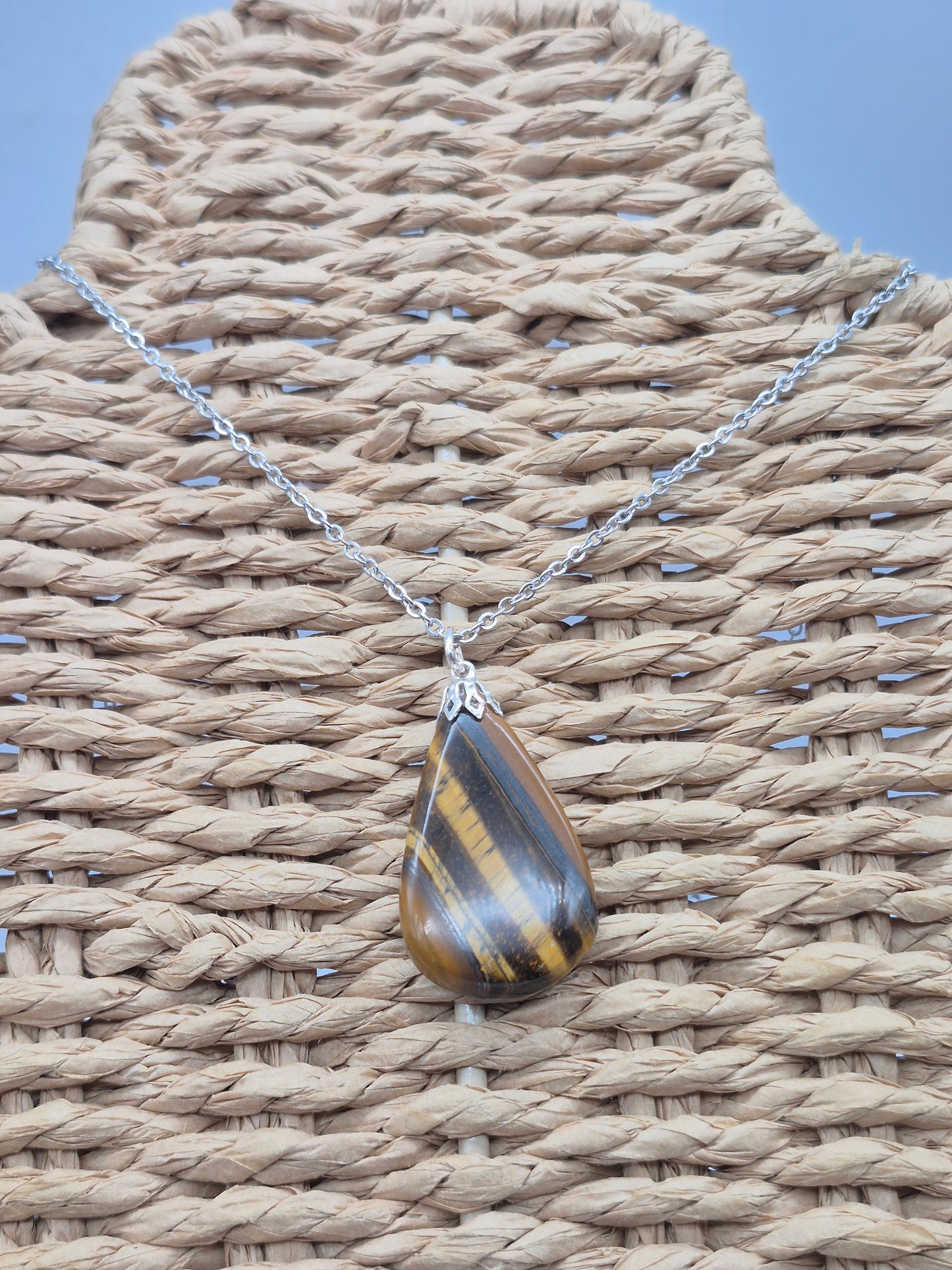 Handmade Yellow Tiger's Eye Teardrop Pendant: Stailnless steel Chain, Healing Crystal