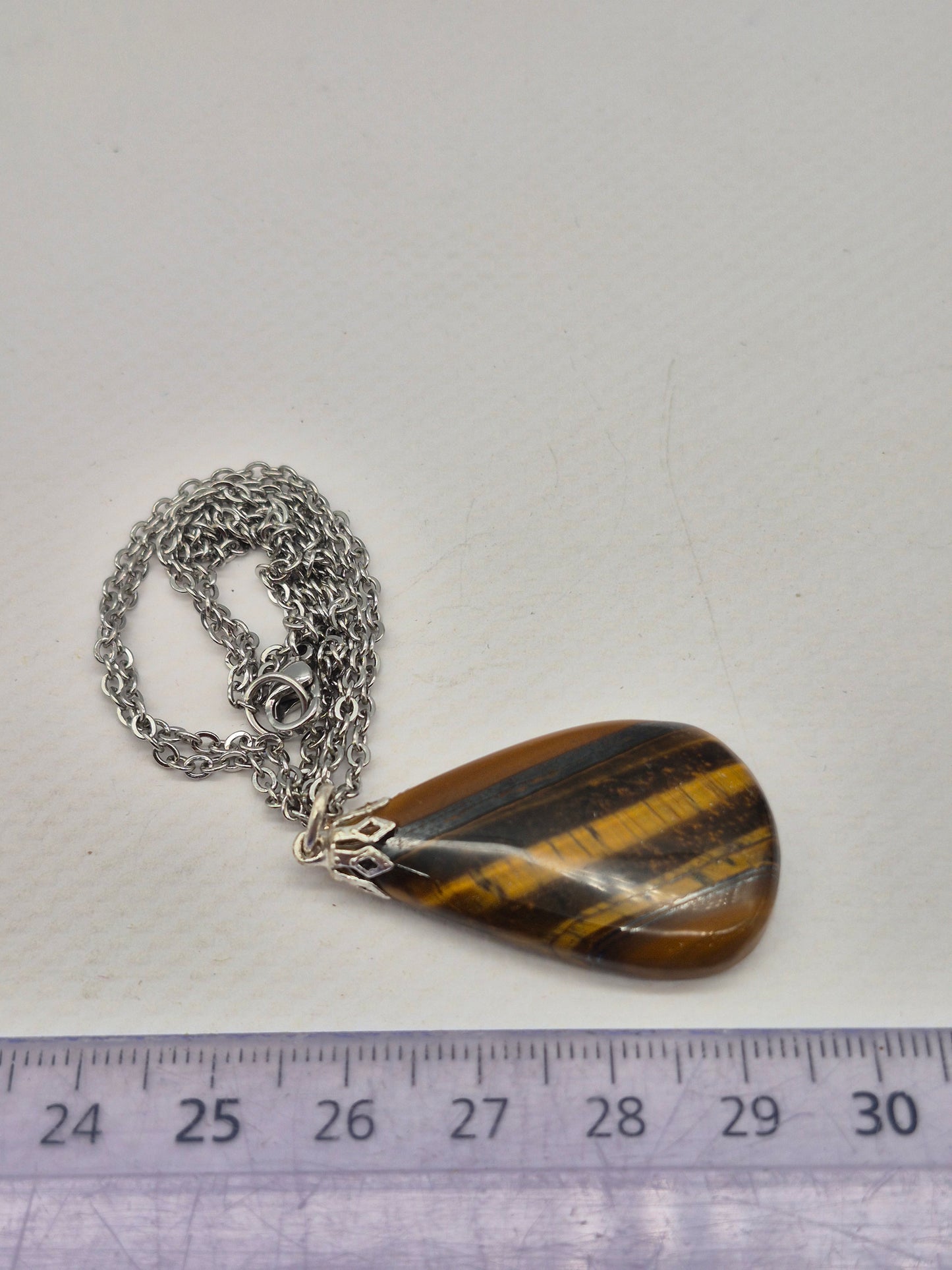 Handmade Yellow Tiger's Eye Teardrop Pendant: Stailnless steel Chain, Healing Crystal