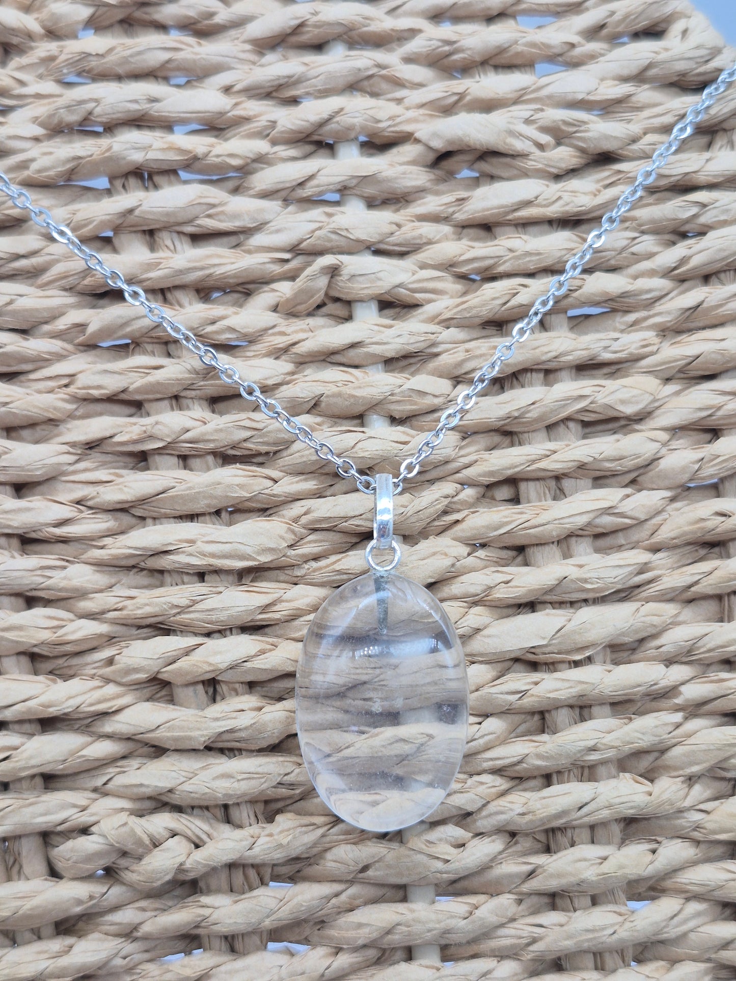 Clear Quartz Necklace Oval Shaped Silver Hoop, Stailnless steel Chain, Healing Crystal