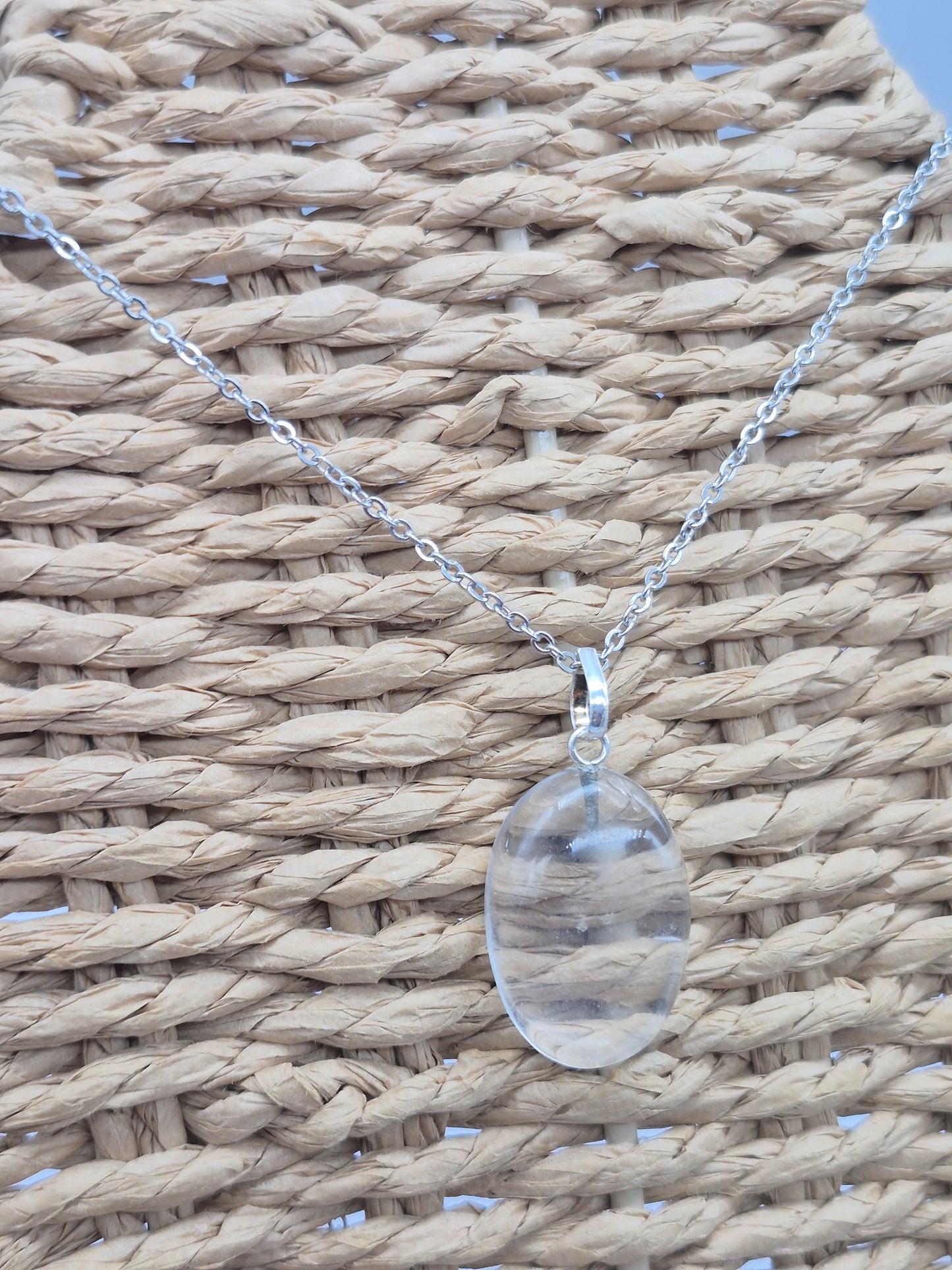 Clear Quartz Necklace Oval Shaped Silver Hoop, Stailnless steel Chain, Healing Crystal