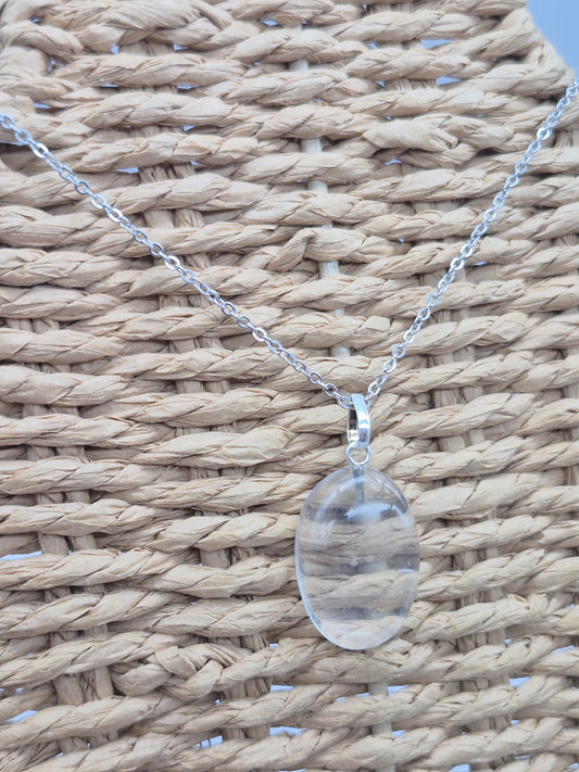 Clear Quartz Necklace Oval Shaped Silver Hoop, Stailnless steel Chain, Healing Crystal
