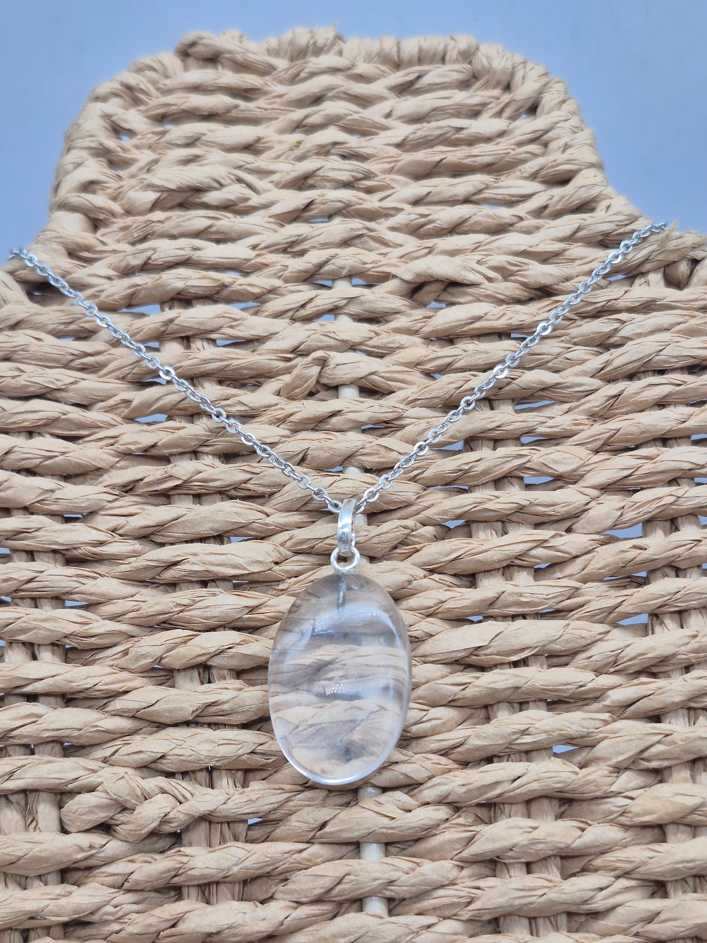 Clear Quartz Necklace Oval Shaped Silver Hoop, Stailnless steel Chain, Healing Crystal