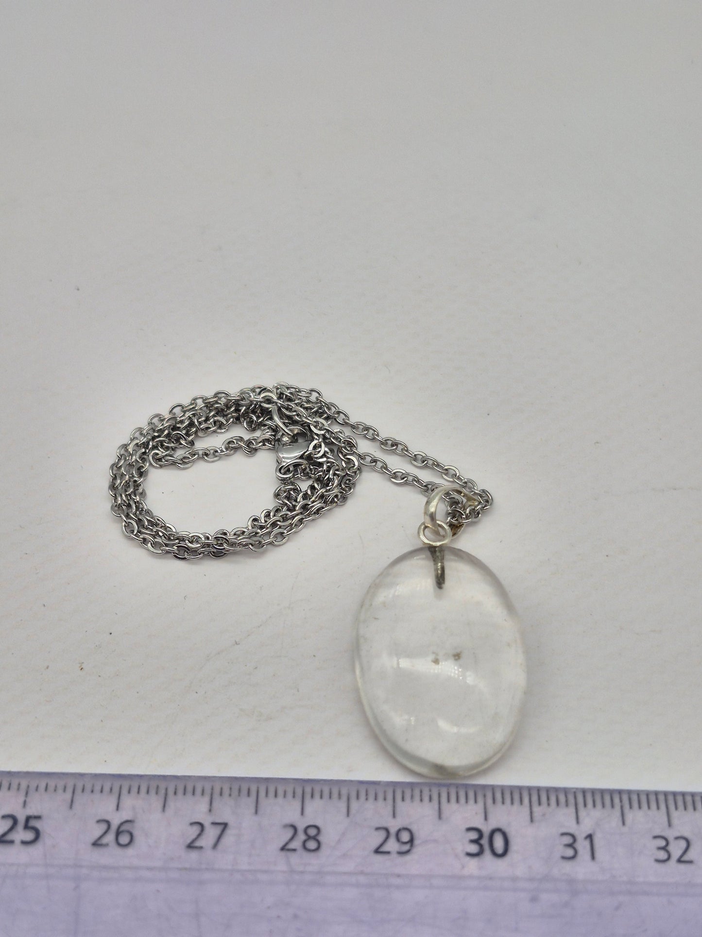 Clear Quartz Necklace Oval Shaped Silver Hoop, Stailnless steel Chain, Healing Crystal