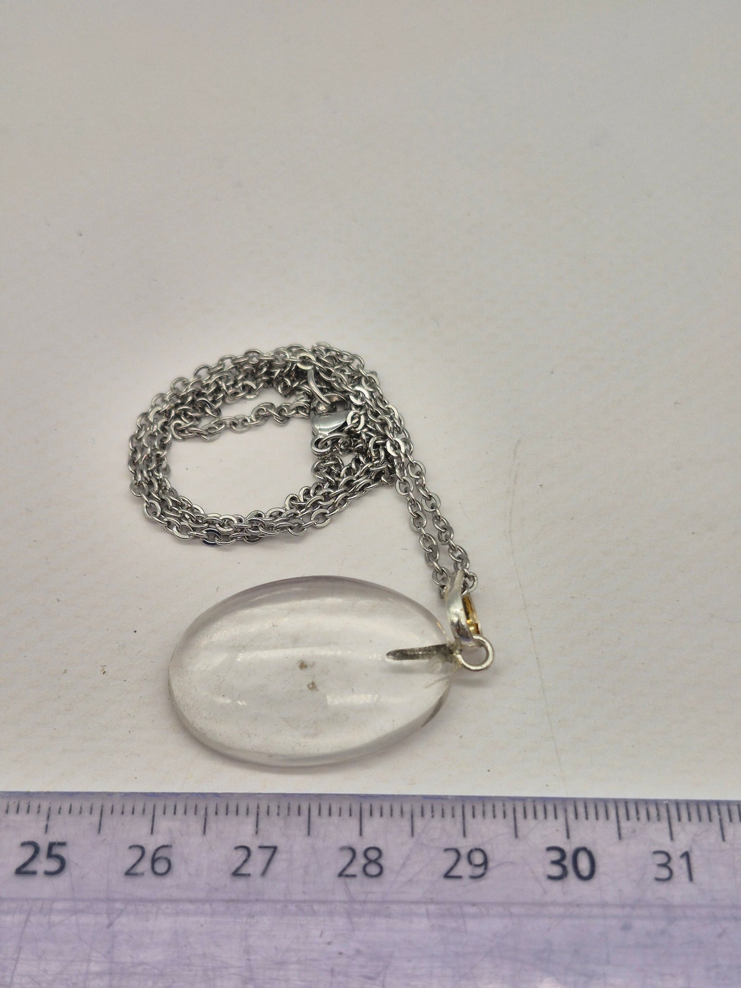 Clear Quartz Necklace Oval Shaped Silver Hoop, Stailnless steel Chain, Healing Crystal