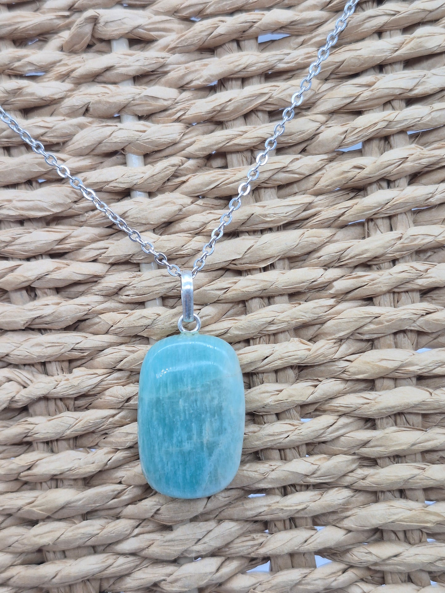 Amazonite Crystal Necklace: Minimalist Gemstone Chain pendant with Silver Hoop and Steel Chain