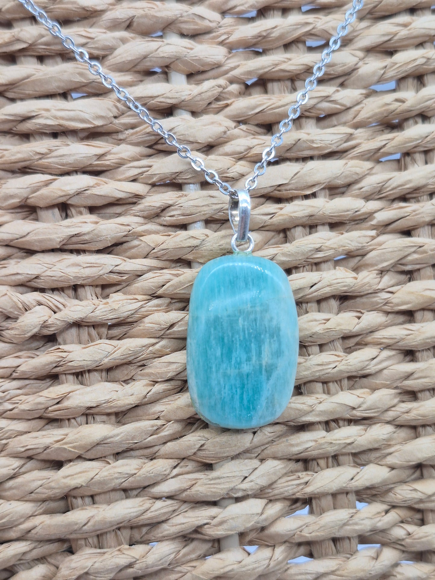 Amazonite Crystal Necklace: Minimalist Gemstone Chain pendant with Silver Hoop and Steel Chain