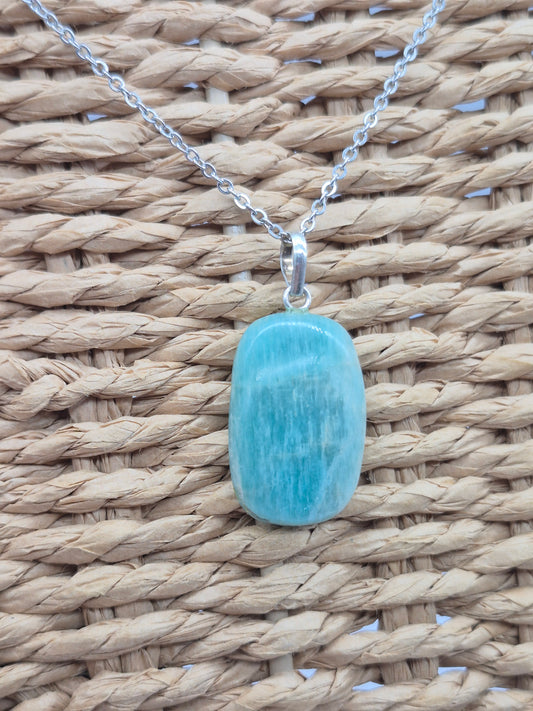Amazonite Crystal Necklace: Minimalist Gemstone Chain pendant with Silver Hoop and Steel Chain