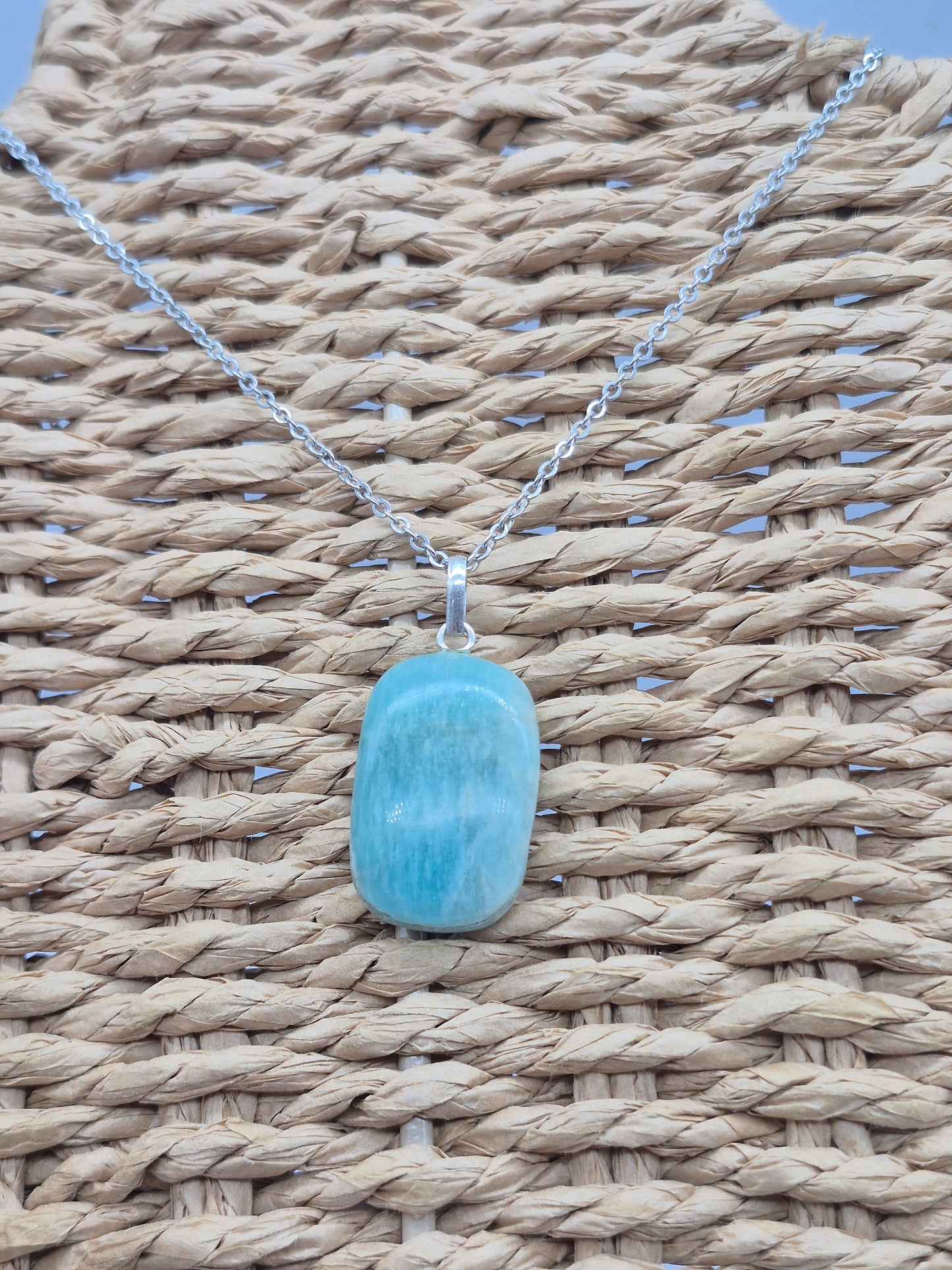 Amazonite Crystal Necklace: Minimalist Gemstone Chain pendant with Silver Hoop and Steel Chain
