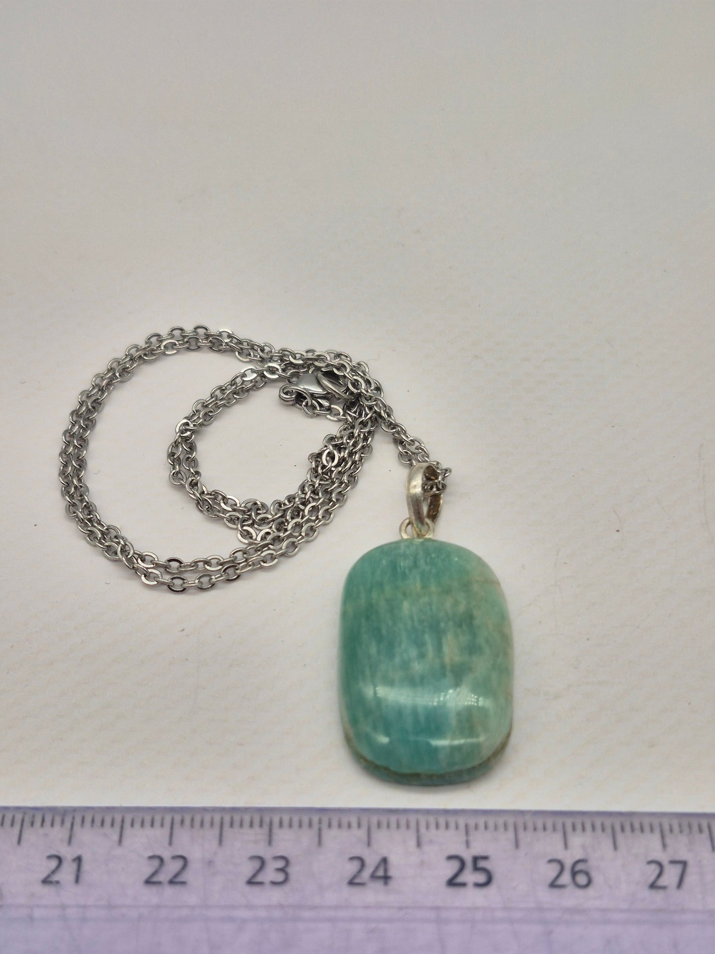 Amazonite Crystal Necklace: Minimalist Gemstone Chain pendant with Silver Hoop and Steel Chain