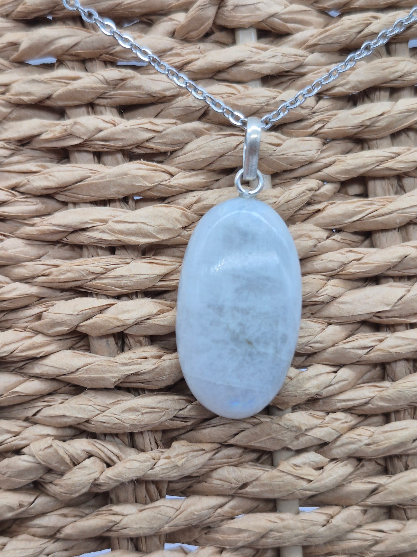 Moonstone Pendant Oval Shaped Silver Hoop, Stailnless steel Chain, Healing Crystal