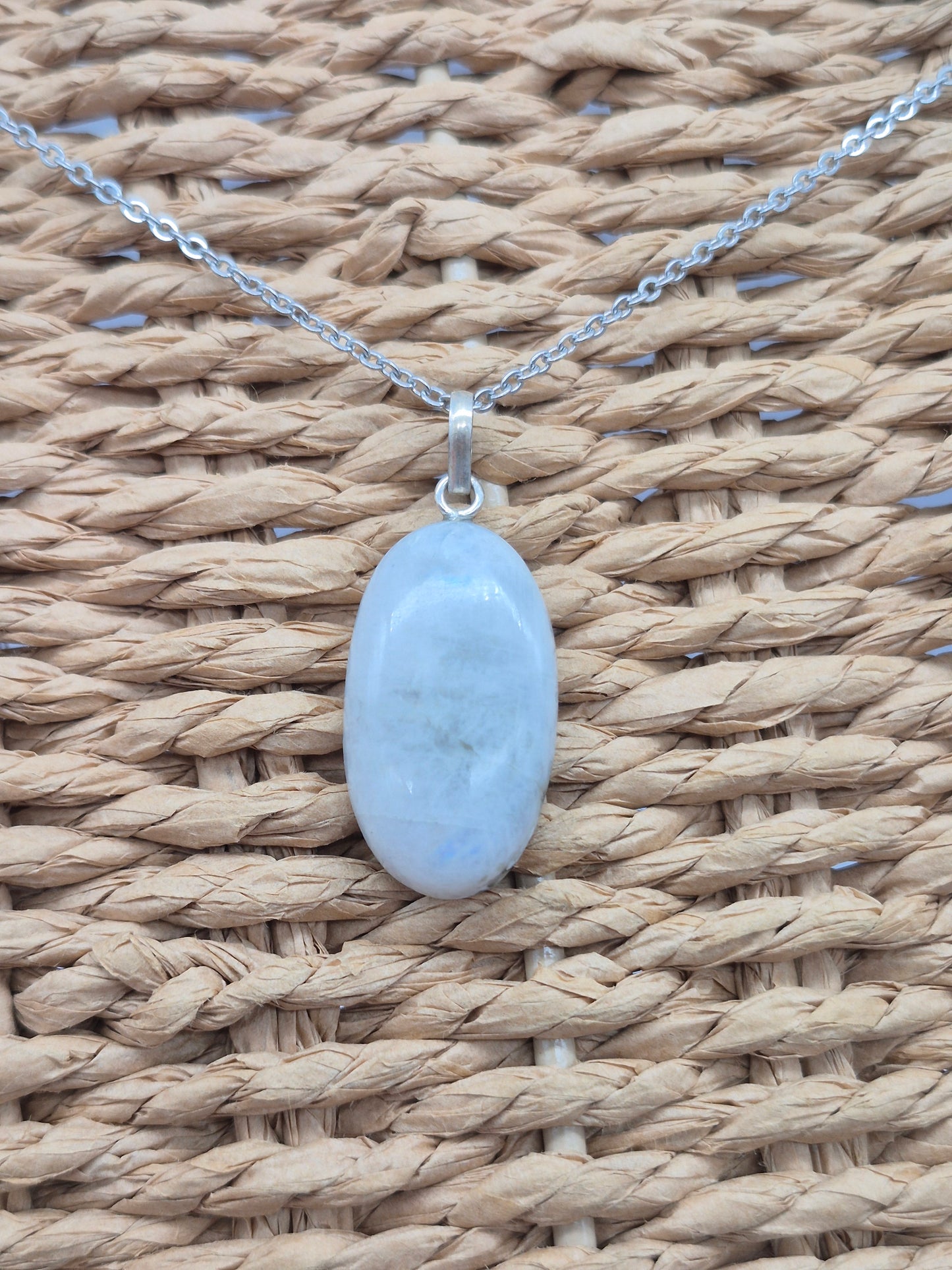 Moonstone Pendant Oval Shaped Silver Hoop, Stailnless steel Chain, Healing Crystal