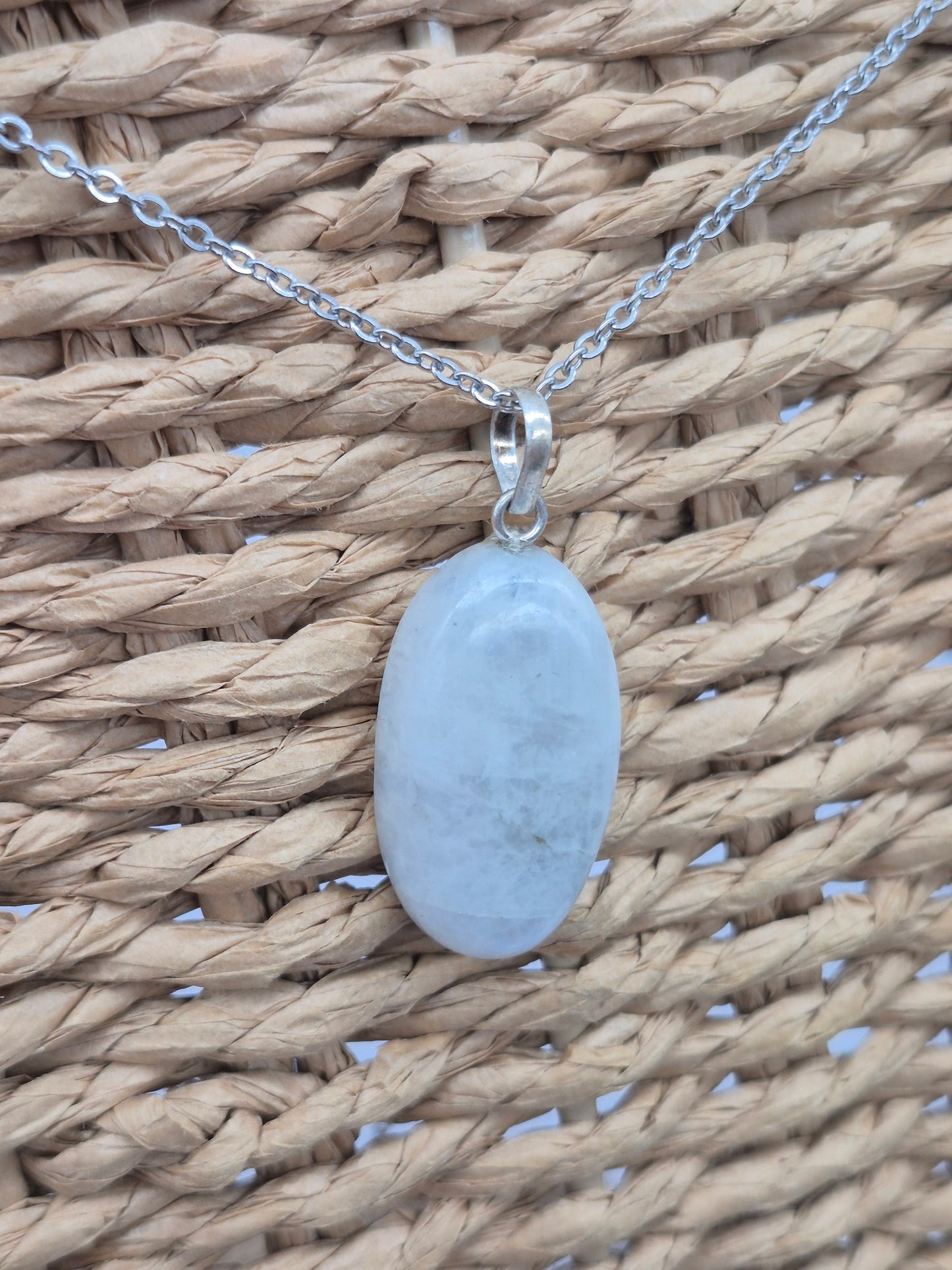 Moonstone Pendant Oval Shaped Silver Hoop, Stailnless steel Chain, Healing Crystal