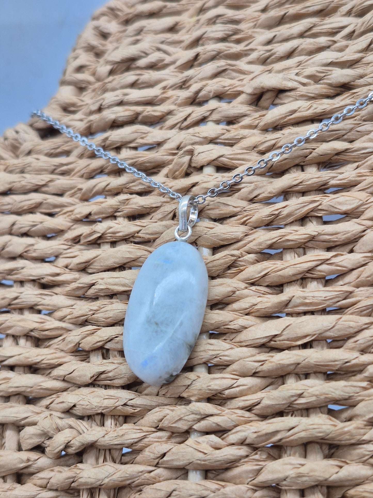 Moonstone Pendant Oval Shaped Silver Hoop, Stailnless steel Chain, Healing Crystal