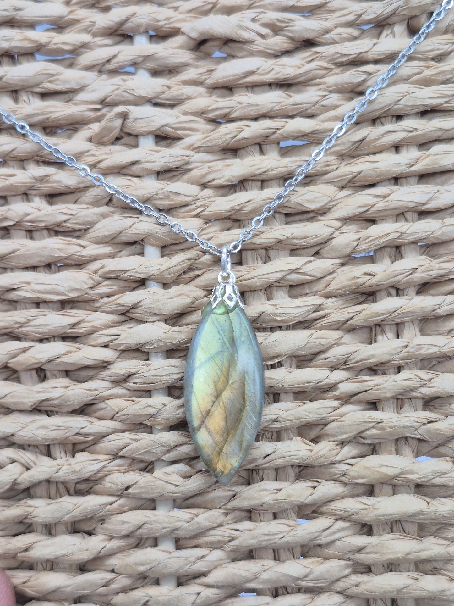 Labradorite Pendant Silver Hoop, Stailnless steel Chain, Healing Crystal