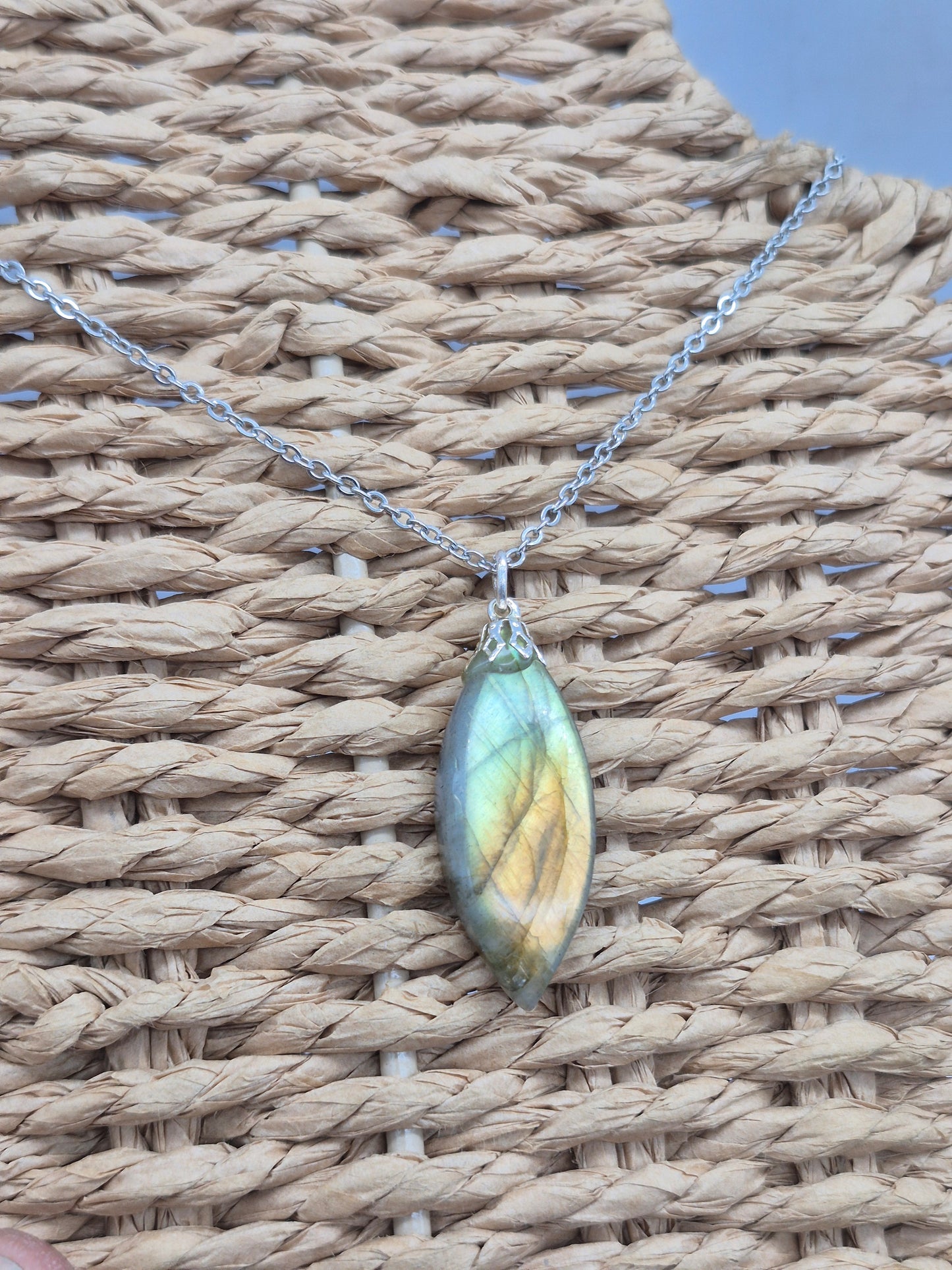 Labradorite Pendant Silver Hoop, Stailnless steel Chain, Healing Crystal