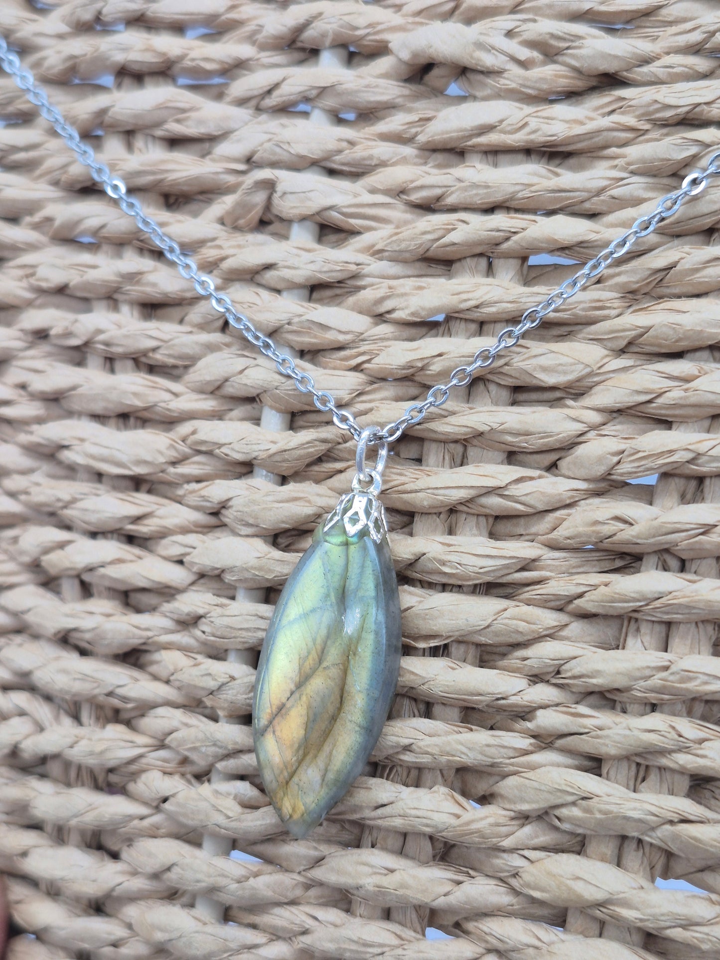 Labradorite Pendant Silver Hoop, Stailnless steel Chain, Healing Crystal