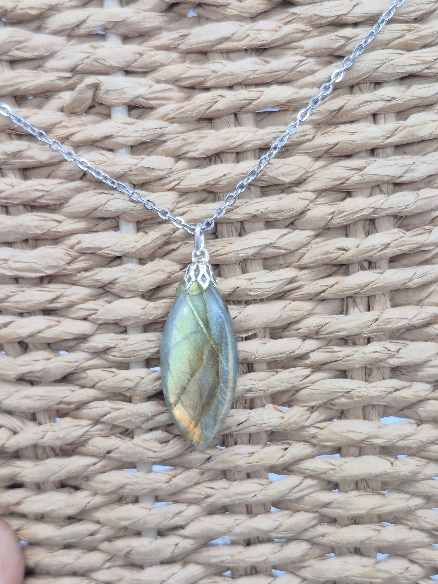 Labradorite Pendant Silver Hoop, Stailnless steel Chain, Healing Crystal